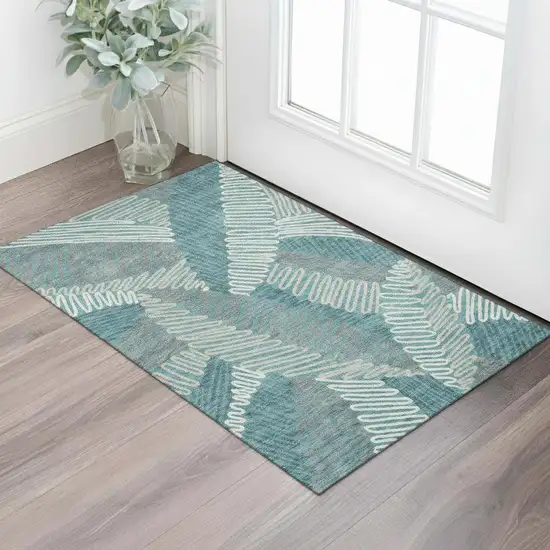 Teal Ivory And Gray Floral Washable Area Rug With UV Protection Photo 1