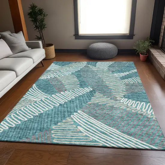 Teal Ivory And Gray Floral Washable Area Rug With UV Protection Photo 6