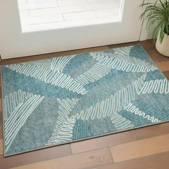 Teal Ivory And Gray Floral Washable Area Rug With UV Protection Photo 2