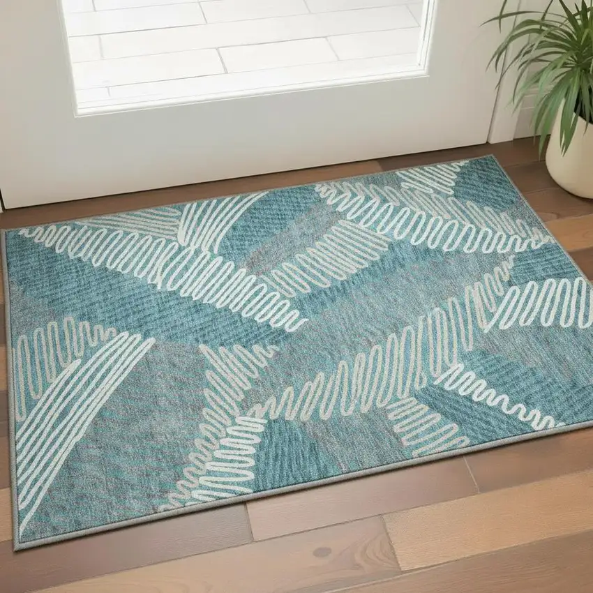 Teal Ivory And Gray Floral Washable Area Rug With UV Protection Photo 2