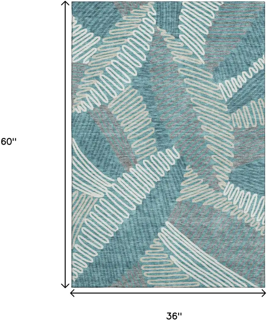 Teal Ivory And Gray Floral Washable Area Rug With UV Protection Photo 3