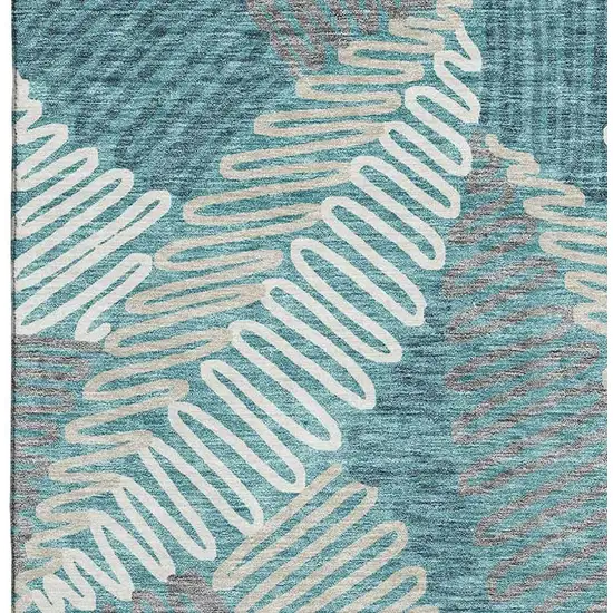 Teal Ivory And Gray Floral Washable Area Rug With UV Protection Photo 3