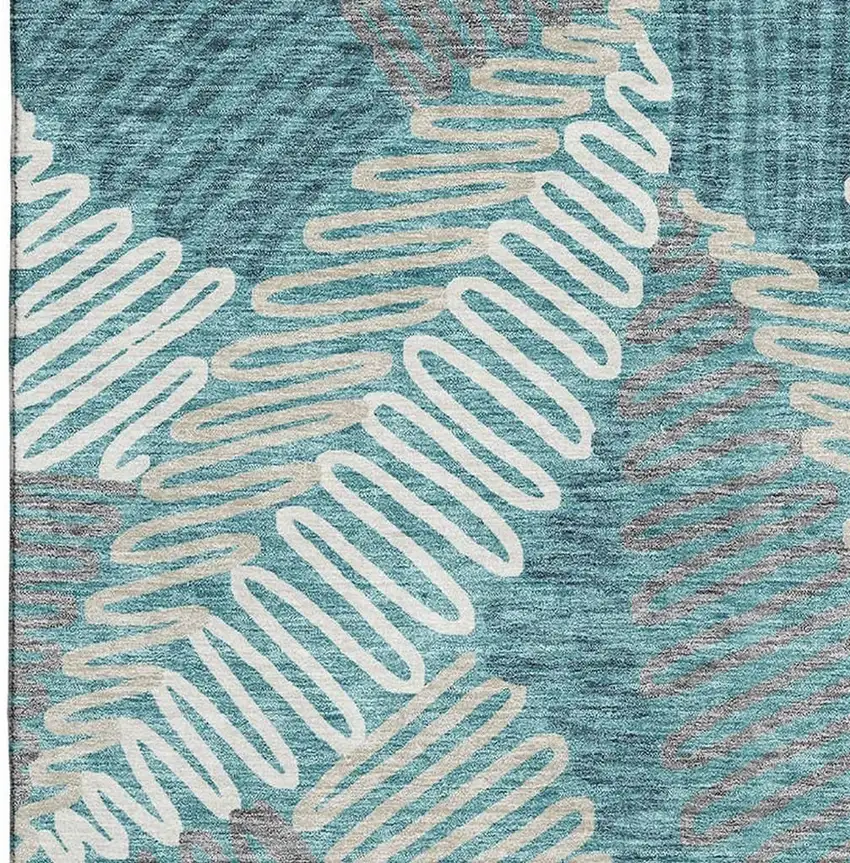 Teal Ivory And Gray Floral Washable Area Rug With UV Protection Photo 3