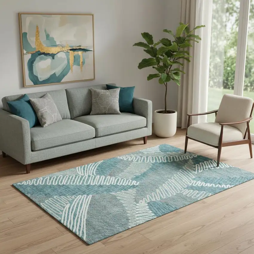 Teal Ivory And Gray Floral Washable Area Rug With UV Protection Photo 1