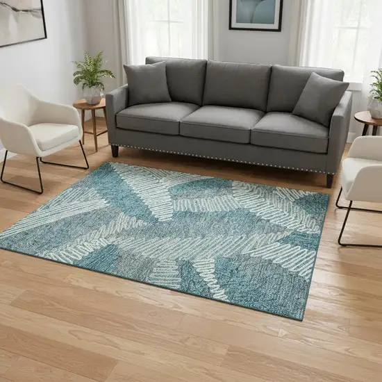 Teal Ivory And Gray Floral Washable Area Rug With UV Protection Photo 2