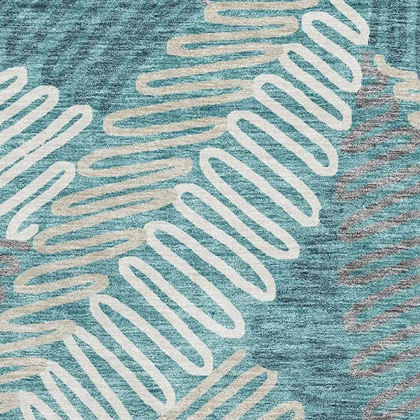 Teal Ivory And Gray Floral Washable Area Rug With UV Protection Photo 3