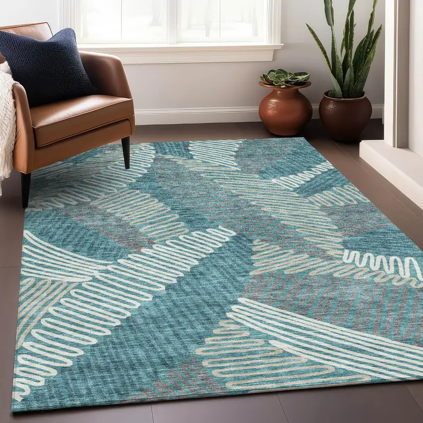 Teal Ivory And Gray Floral Washable Area Rug With UV Protection Photo 5