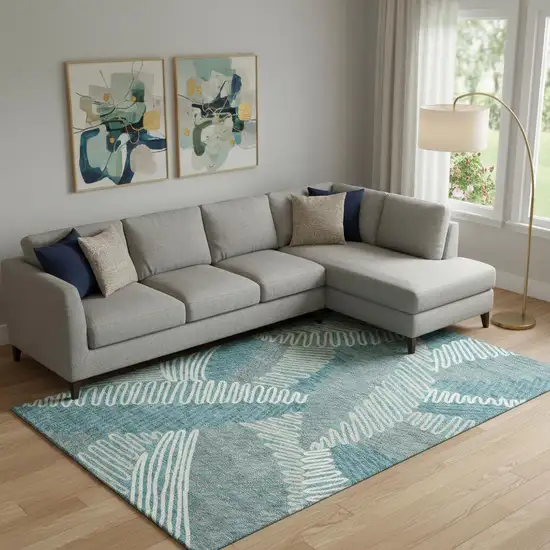 Teal Ivory And Gray Floral Washable Area Rug With UV Protection Photo 1