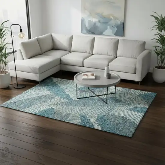 Teal Ivory And Gray Floral Washable Area Rug With UV Protection Photo 2