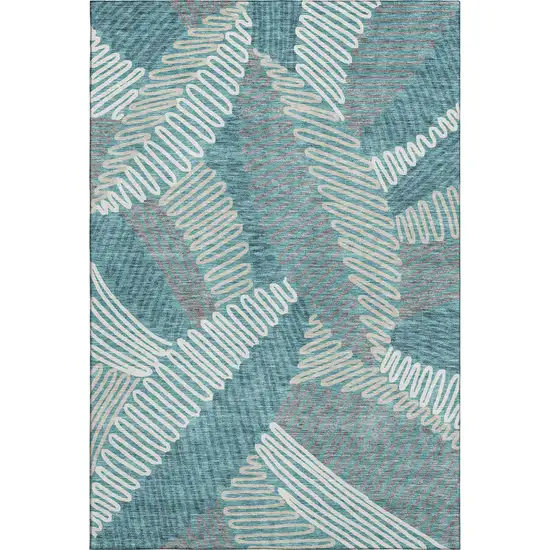 Teal Ivory And Gray Floral Washable Area Rug With UV Protection Photo 1