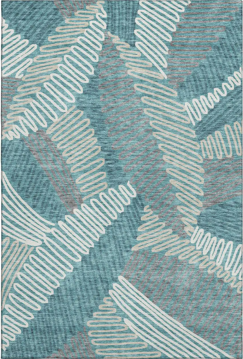 Teal Ivory And Gray Floral Washable Area Rug With UV Protection Photo 1