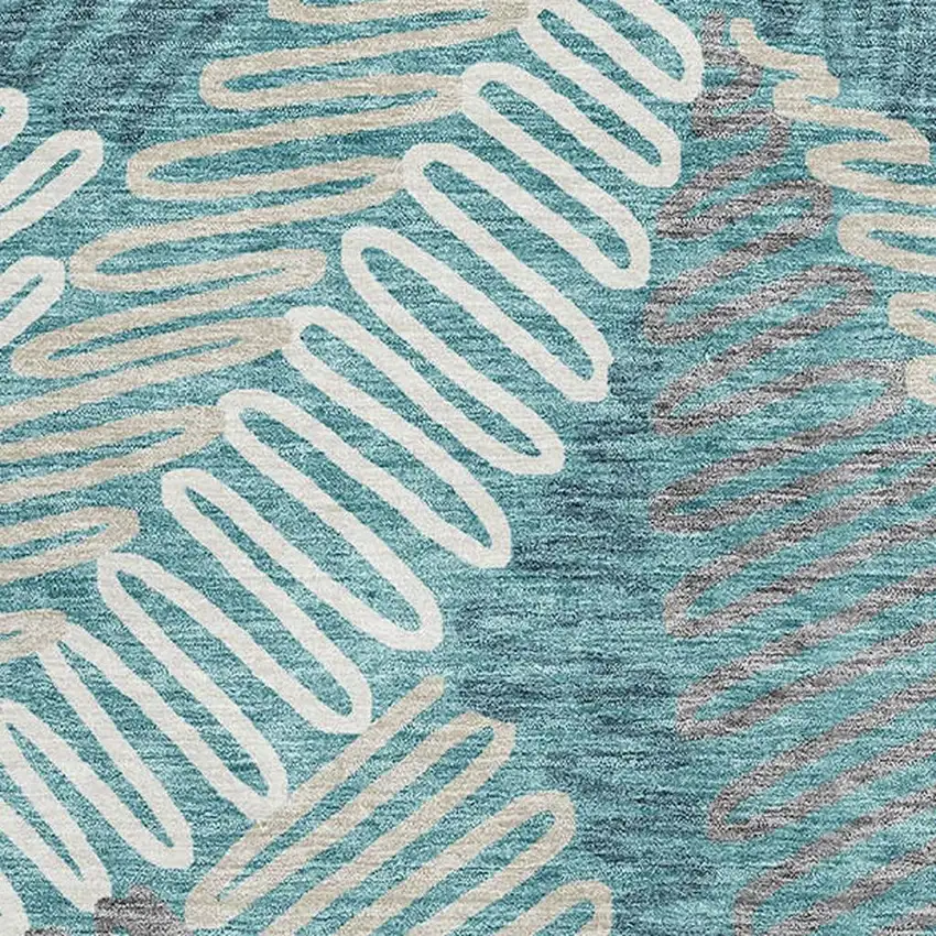 Teal Ivory And Gray Floral Washable Area Rug With UV Protection Photo 3