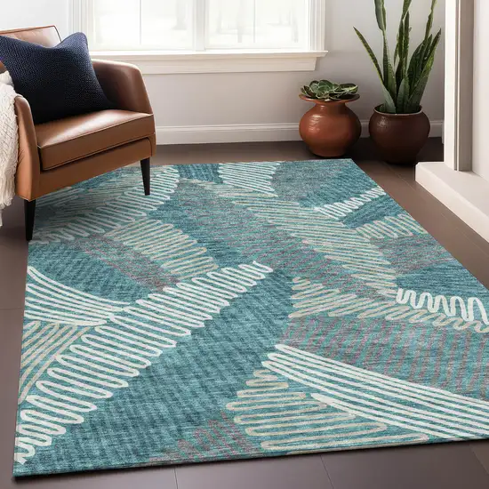 Teal Ivory And Gray Floral Washable Area Rug With UV Protection Photo 4