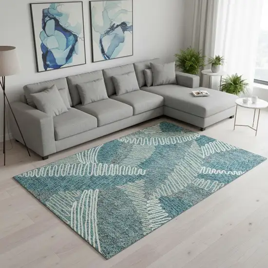 Teal Ivory And Gray Floral Washable Area Rug With UV Protection Photo 2