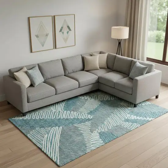 Teal Ivory And Gray Floral Washable Area Rug With UV Protection Photo 1