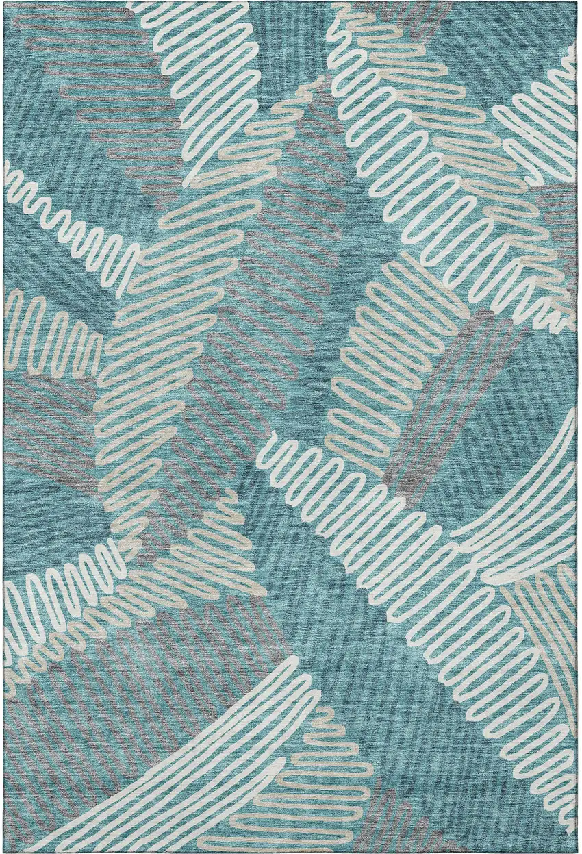 Teal Ivory And Gray Floral Washable Area Rug With UV Protection Photo 3
