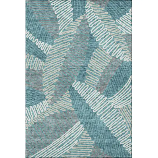 Teal Ivory And Gray Floral Washable Area Rug With UV Protection Photo 4