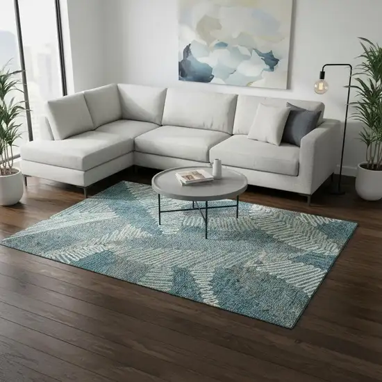 Teal Ivory And Gray Floral Washable Area Rug With UV Protection Photo 2