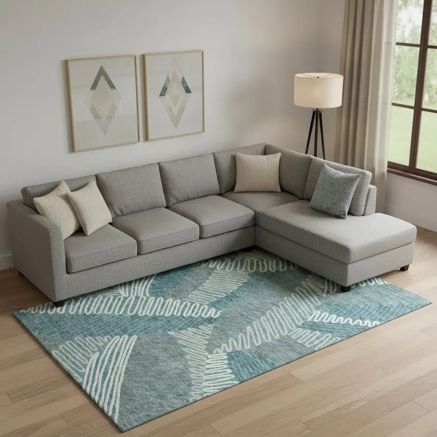 Teal Ivory And Gray Floral Washable Area Rug With UV Protection Photo 1