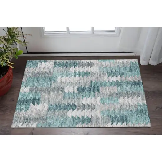Teal Ivory And Gray Geometric Washable Area Rug With UV Protection Photo 2