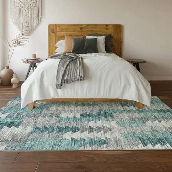 Teal Ivory And Gray Geometric Washable Area Rug With UV Protection Photo 6
