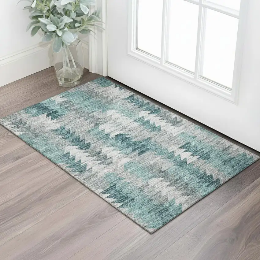 Teal Ivory And Gray Geometric Washable Area Rug With UV Protection Photo 1