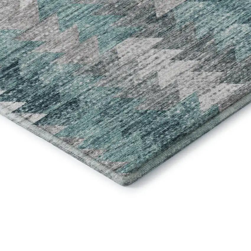 Teal Ivory And Gray Geometric Washable Area Rug With UV Protection Photo 8