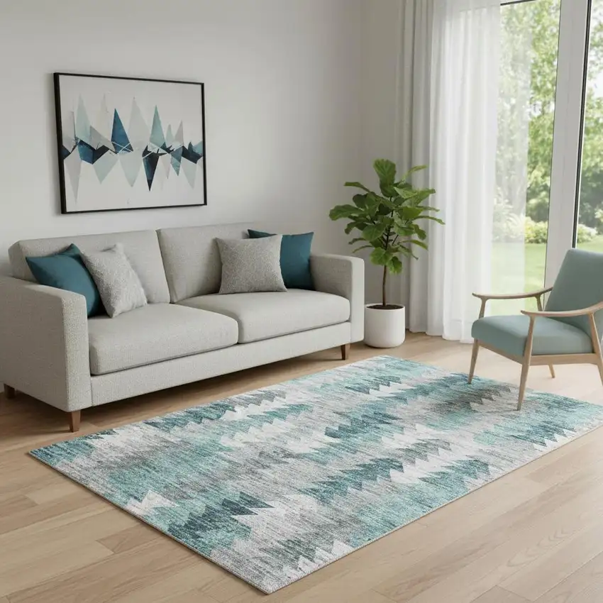 Teal Ivory And Gray Geometric Washable Area Rug With UV Protection Photo 1