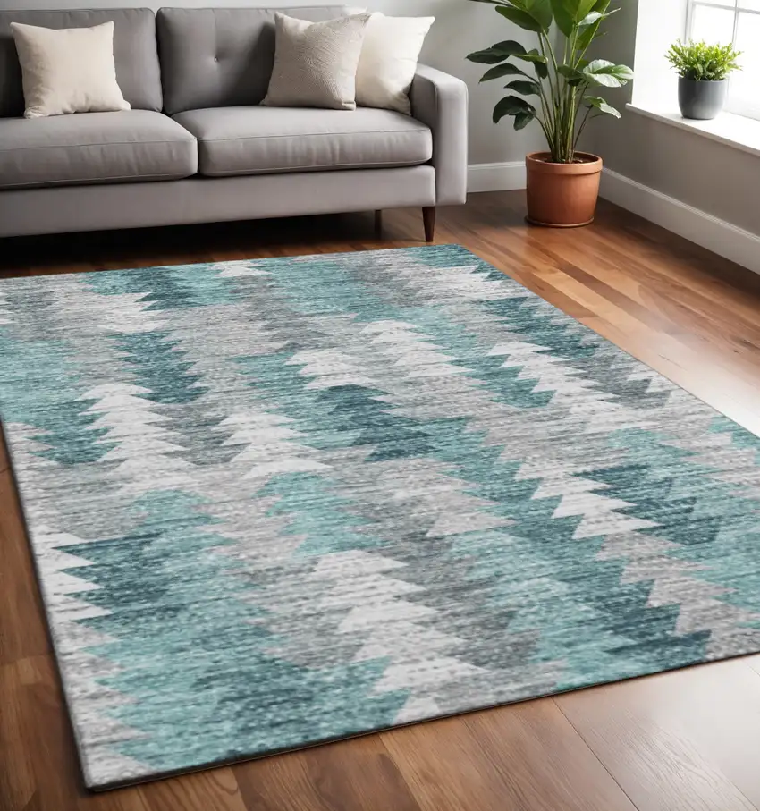 Teal Ivory And Gray Geometric Washable Area Rug With UV Protection Photo 2
