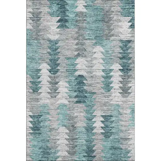 Teal Ivory And Gray Geometric Washable Area Rug With UV Protection Photo 1