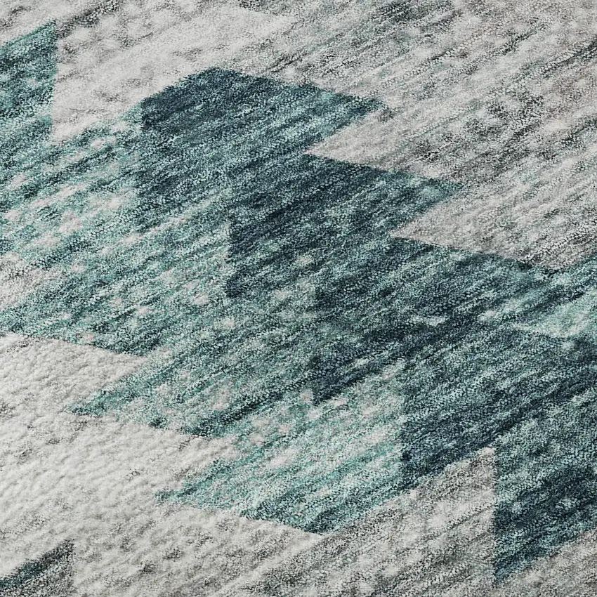 Teal Ivory And Gray Geometric Washable Area Rug With UV Protection Photo 9