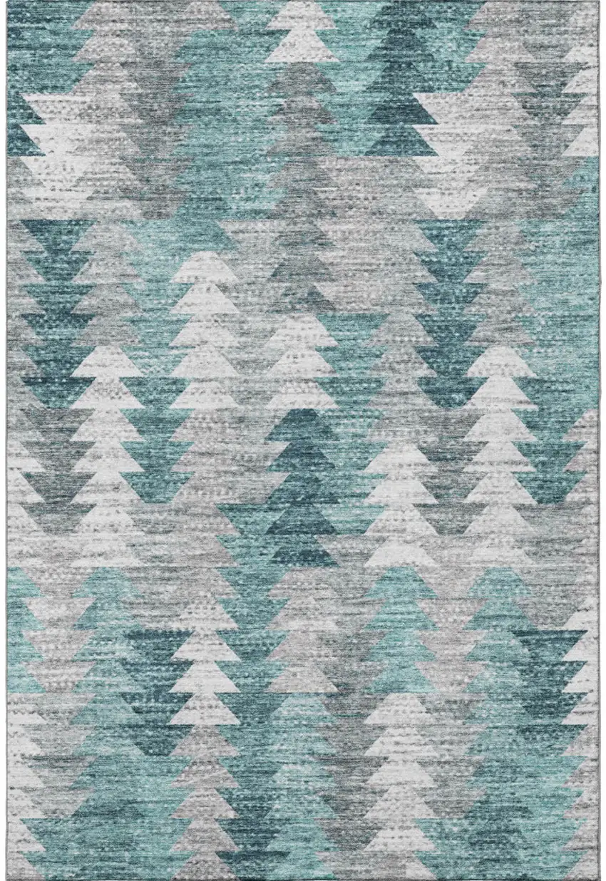 Teal Ivory And Gray Geometric Washable Area Rug With UV Protection Photo 4