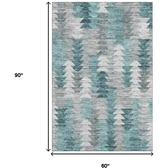 Teal Ivory And Gray Geometric Washable Area Rug With UV Protection Photo 3
