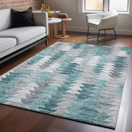 Teal Ivory And Gray Geometric Washable Area Rug With UV Protection Photo 5