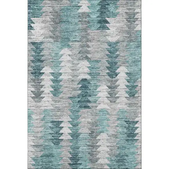 Teal Ivory And Gray Geometric Washable Area Rug With UV Protection Photo 4