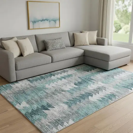 Teal Ivory And Gray Geometric Washable Area Rug With UV Protection Photo 1