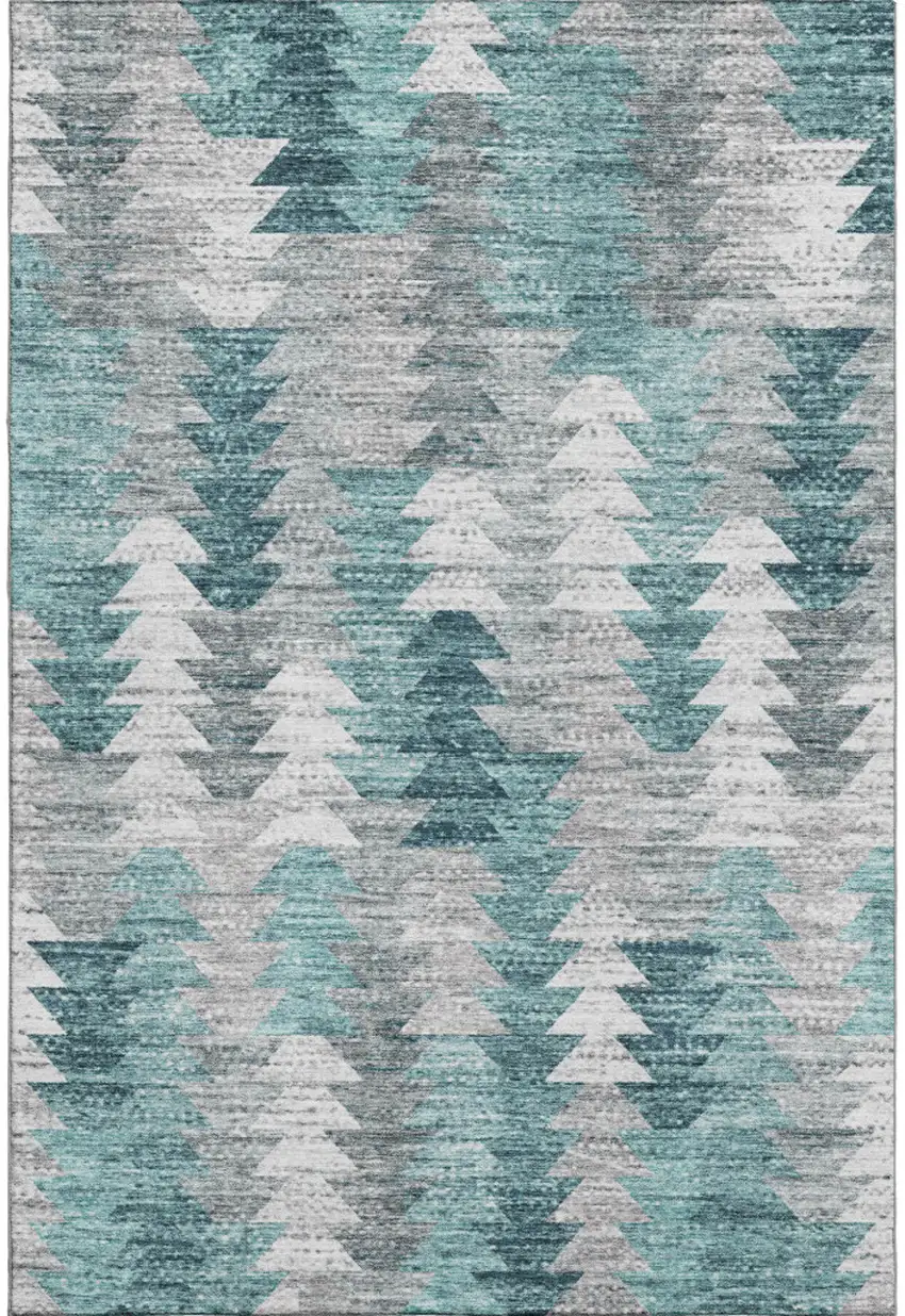 Teal Ivory And Gray Geometric Washable Area Rug With UV Protection Photo 1