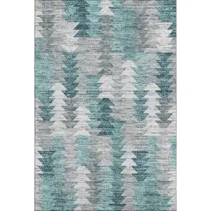 Photo of Teal Ivory And Gray Geometric Washable Area Rug With UV Protection