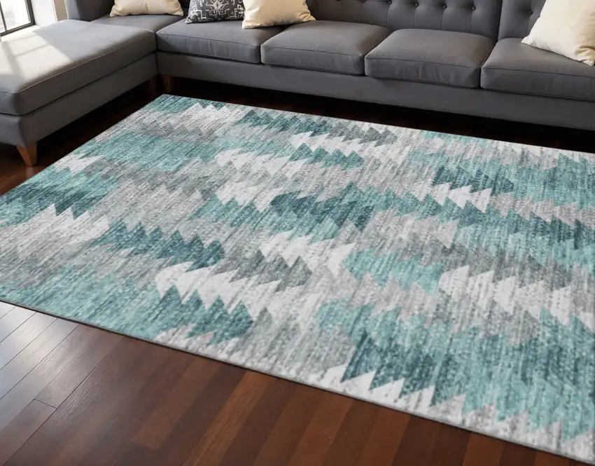 Teal Ivory And Gray Geometric Washable Area Rug With UV Protection Photo 2