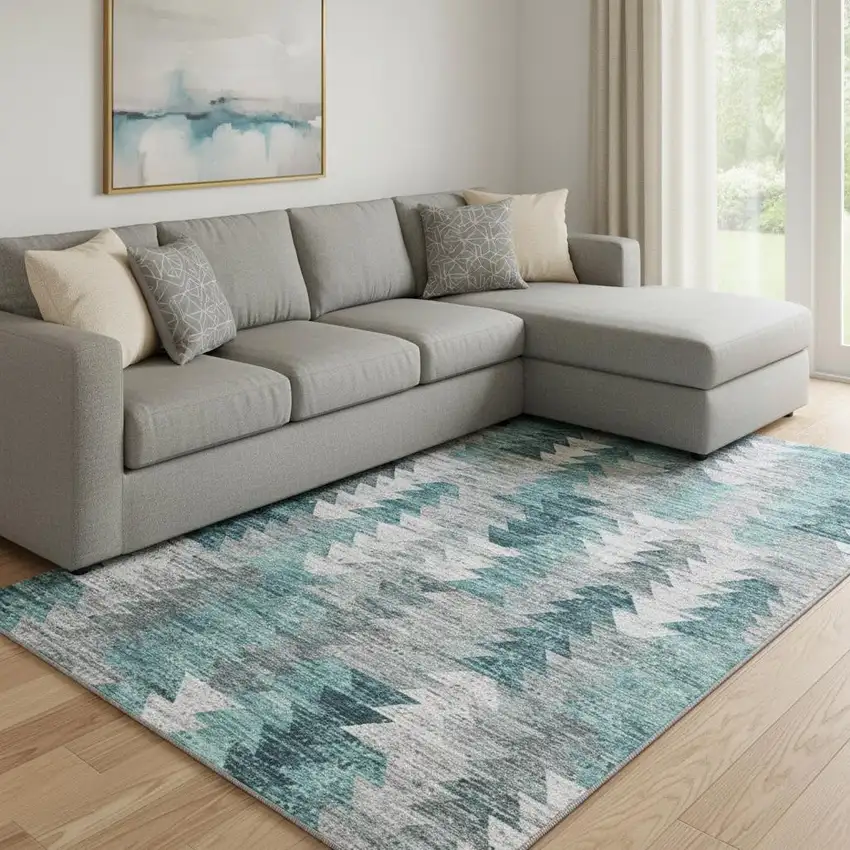 Teal Ivory And Gray Geometric Washable Area Rug With UV Protection Photo 1