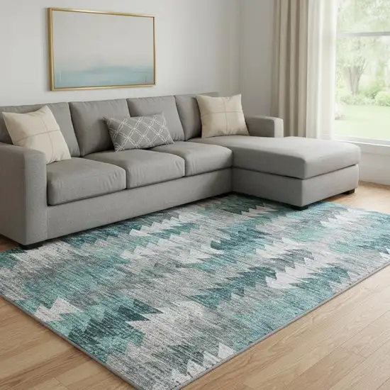 Teal Ivory And Gray Geometric Washable Area Rug With UV Protection Photo 1