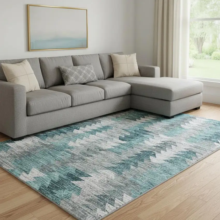 Teal Ivory And Gray Geometric Washable Area Rug With UV Protection Photo 1