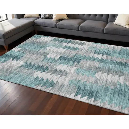 Teal Ivory And Gray Geometric Washable Area Rug With UV Protection Photo 2