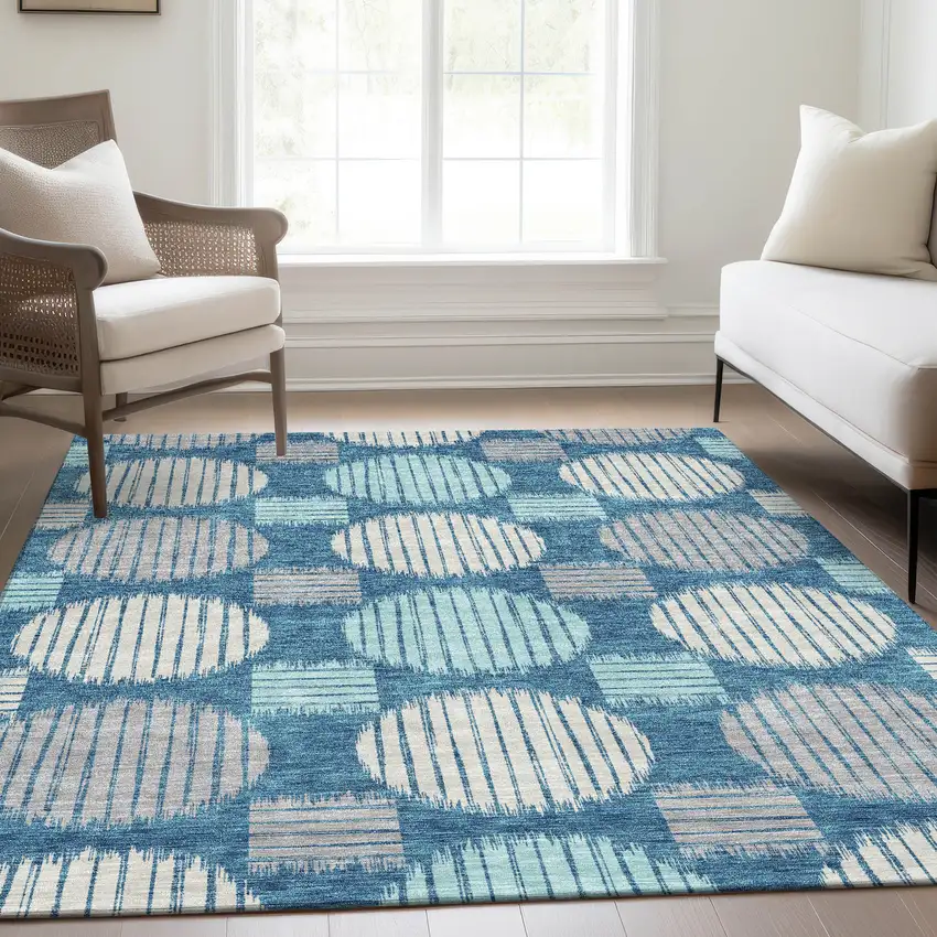 Teal Ivory And Gray Geometric Washable Area Rug With UV Protection Photo 6