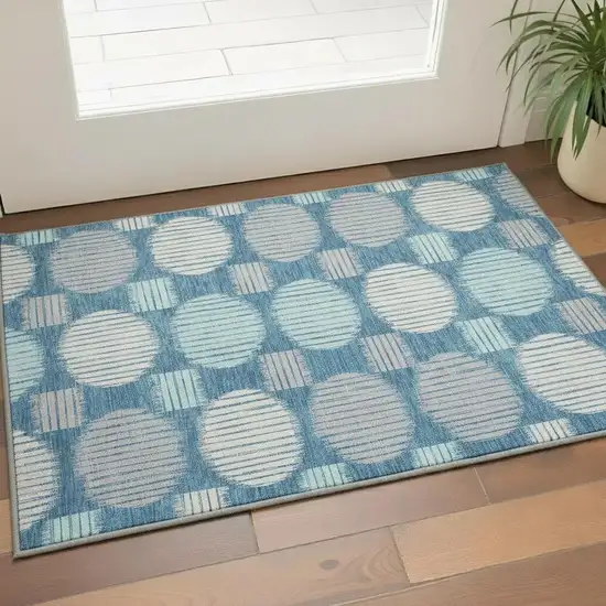 Teal Ivory And Gray Geometric Washable Area Rug With UV Protection Photo 2
