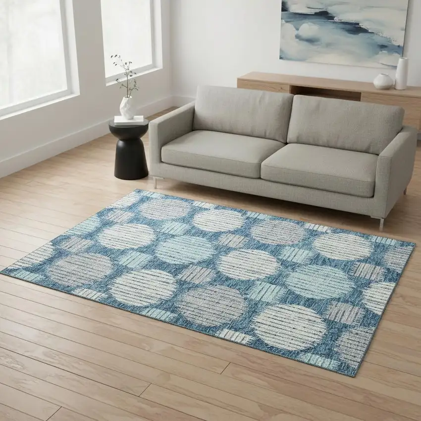 Teal Ivory And Gray Geometric Washable Area Rug With UV Protection Photo 2