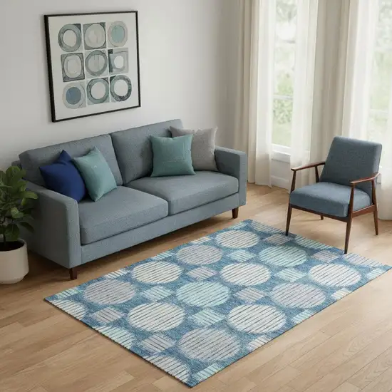Teal Ivory And Gray Geometric Washable Area Rug With UV Protection Photo 1