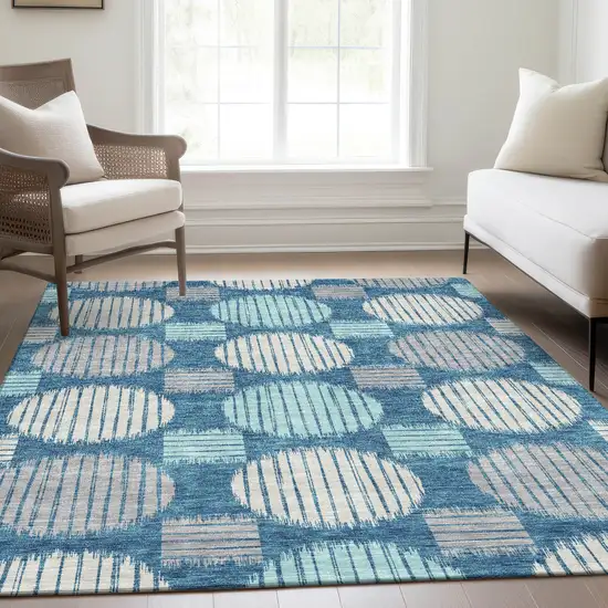 Teal Ivory And Gray Geometric Washable Area Rug With UV Protection Photo 5