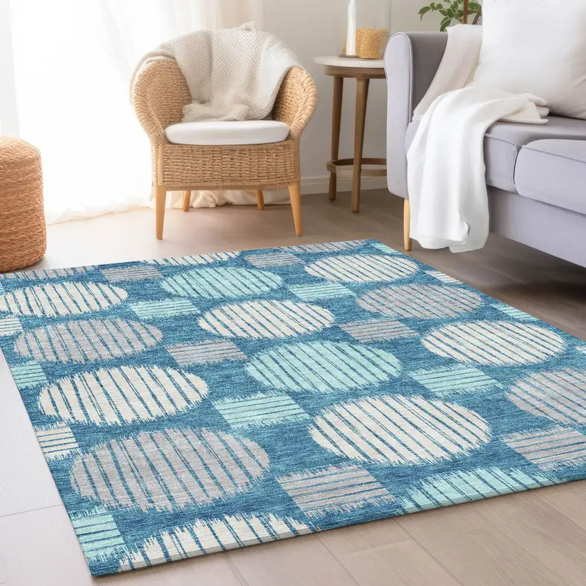 Teal Ivory And Gray Geometric Washable Area Rug With UV Protection Photo 4