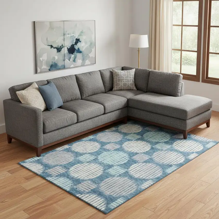 Teal Ivory And Gray Geometric Washable Area Rug With UV Protection Photo 1